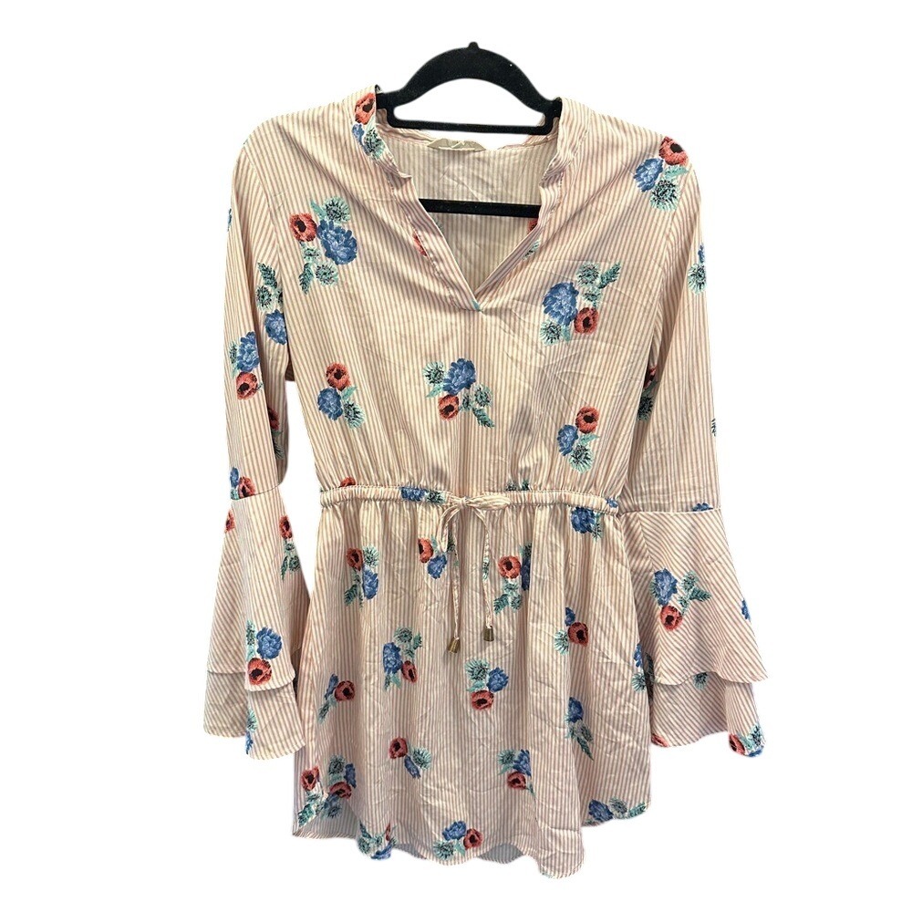 Hint of Blush Floral Striped Tunic Top with Bell Sleeves